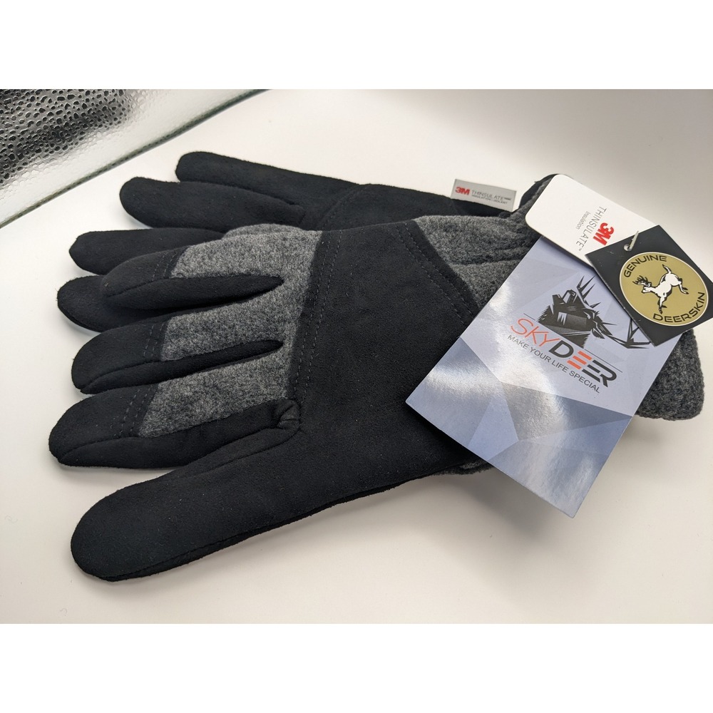 Skydeer Mens XL Deerskin Winter Gloves 3M Thinsulate Insulated Black Gray New